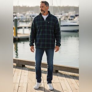 Vintage Brooks Brothers Men’s Green Plaid Fleece Quarter Zip Pullover Large USA